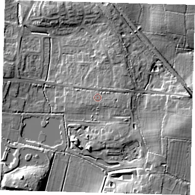 Shaded relief map of the ground around RH150DX, computed from Environment Agency LiDAR. The ground here sits at about 53 m above sea level and falls 15 m across the surrounding 800 m. Surface water reaching this point runs off ground lying to the east-south-east, 2.0 m higher.