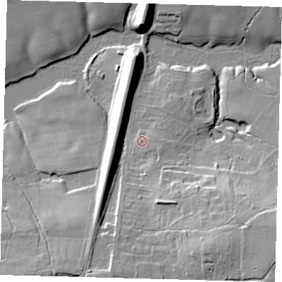 Shaded relief map of the ground around RH150RT, computed from Environment Agency LiDAR. The ground here sits at about 34 m above sea level and falls 28 m across the surrounding 800 m. Surface water reaching this point runs off ground lying to the east-south-east, 2.0 m higher.