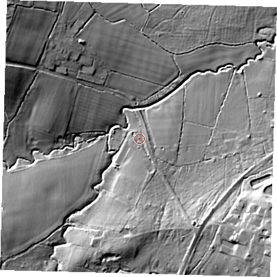 Shaded relief map of the ground around RH150SP, computed from Environment Agency LiDAR. The ground here sits at about 37 m above sea level and falls 19 m across the surrounding 800 m. Surface water reaching this point runs off ground lying to the south-south-east, 6.8 m higher.