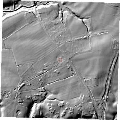 Shaded relief map of the ground around RH158RE, computed from Environment Agency LiDAR. The ground here sits at about 28 m above sea level and falls 14 m across the surrounding 800 m. Surface water reaching this point runs off ground lying to the north, 1.8 m higher.