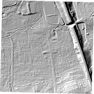 Shaded relief map of the ground around RH15AB, computed from Environment Agency LiDAR. The ground here sits at about 60 m above sea level and falls 19 m across the surrounding 800 m. Surface water reaching this point runs off ground lying to the east-north-east, 1.3 m higher.
