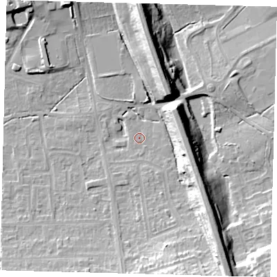 Shaded relief map of the ground around RH15AD, computed from Environment Agency LiDAR. The ground here sits at about 60 m above sea level and falls 18 m across the surrounding 800 m. Surface water reaching this point runs off ground lying to the north, 16.3 m higher.
