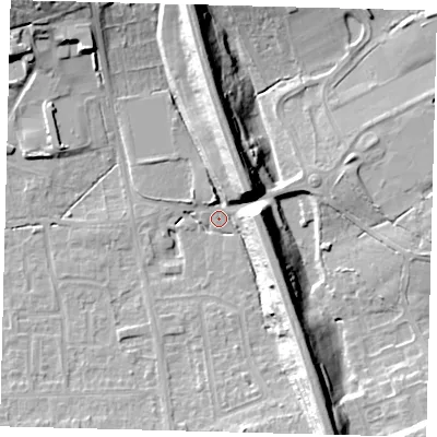 Shaded relief map of the ground around RH15AE, computed from Environment Agency LiDAR. The ground here sits at about 60 m above sea level and falls 18 m across the surrounding 800 m. Surface water reaching this point runs off ground lying to the north, 16.3 m higher.