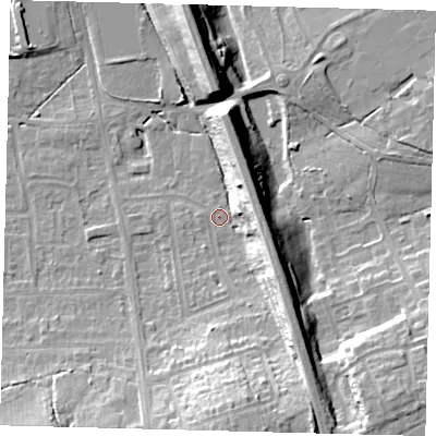 Shaded relief map of the ground around RH15AG, computed from Environment Agency LiDAR. The ground here sits at about 61 m above sea level and falls 17 m across the surrounding 800 m. Surface water reaching this point runs off ground lying to the south-south-east, 14.6 m higher.