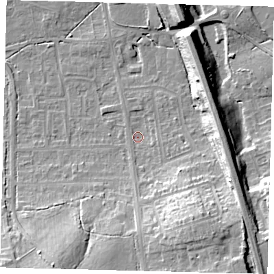 Shaded relief map of the ground around RH15AL, computed from Environment Agency LiDAR. The ground here sits at about 60 m above sea level and falls 18 m across the surrounding 800 m. Surface water reaching this point runs off ground lying to the south-east, 15.0 m higher.