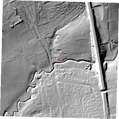 Shaded relief map of the ground around RH15BT, computed from Environment Agency LiDAR. The ground here sits at about 56 m above sea level and falls 21 m across the surrounding 800 m. Surface water reaching this point runs off ground lying to the north-north-east, 17.7 m higher.
