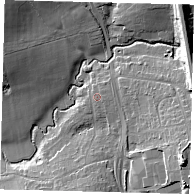 Shaded relief map of the ground around RH15DN, computed from Environment Agency LiDAR. The ground here sits at about 57 m above sea level and falls 21 m across the surrounding 800 m. Surface water reaching this point runs off ground lying to the east, 0.8 m higher.