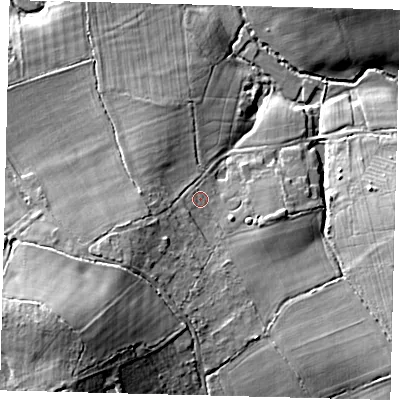 Shaded relief map of the ground around RH15DS, computed from Environment Agency LiDAR. The ground here sits at about 57 m above sea level and falls 16 m across the surrounding 800 m. Surface water reaching this point runs off ground lying to the south-east, 4.9 m higher.