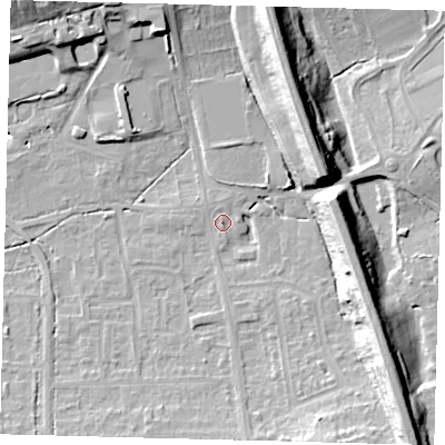 Shaded relief map of the ground around RH15GS, computed from Environment Agency LiDAR. The ground here sits at about 61 m above sea level and falls 20 m across the surrounding 800 m. Surface water reaching this point runs off ground lying to the north-north-east, 2.4 m higher.