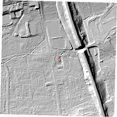 Shaded relief map of the ground around RH15GT, computed from Environment Agency LiDAR. The ground here sits at about 60 m above sea level and falls 19 m across the surrounding 800 m. Surface water reaching this point runs off ground lying to the north-north-east, 16.5 m higher.