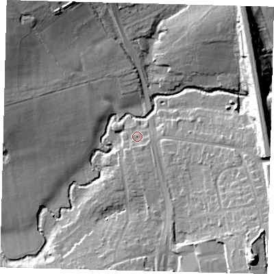 Shaded relief map of the ground around RH15GY, computed from Environment Agency LiDAR. The ground here sits at about 56 m above sea level and falls 21 m across the surrounding 800 m. Surface water reaching this point runs off ground lying to the south-south-east, 2.5 m higher.