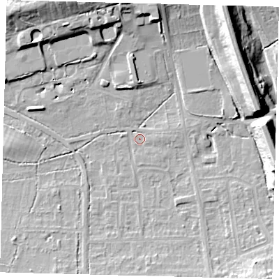 Shaded relief map of the ground around RH15HE, computed from Environment Agency LiDAR. The ground here sits at about 59 m above sea level and falls 19 m across the surrounding 800 m. Surface water reaching this point runs off ground lying to the east, 1.3 m higher.