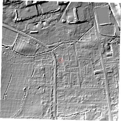 Shaded relief map of the ground around RH15HF, computed from Environment Agency LiDAR. The ground here sits at about 58 m above sea level and falls 19 m across the surrounding 800 m. Surface water reaching this point runs off ground lying to the south-east, 9.8 m higher.