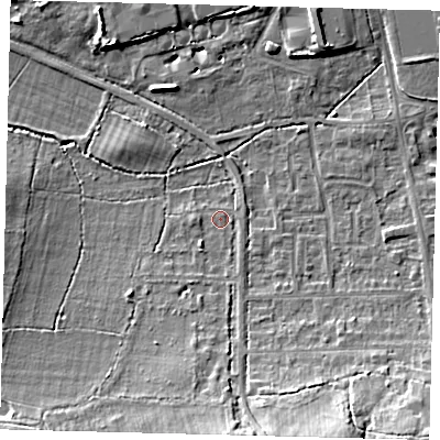 Shaded relief map of the ground around RH15HG, computed from Environment Agency LiDAR. The ground here sits at about 59 m above sea level and falls 12 m across the surrounding 800 m. Surface water reaching this point runs off ground lying to the south, 7.1 m higher.