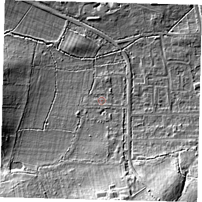 Shaded relief map of the ground around RH15HH, computed from Environment Agency LiDAR. The ground here sits at about 59 m above sea level and falls 15 m across the surrounding 800 m. Surface water reaching this point runs off ground lying to the east-south-east, 0.9 m higher.