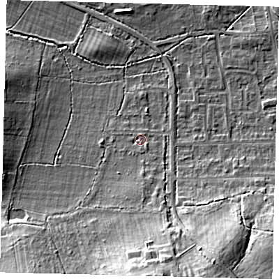 Shaded relief map of the ground around RH15HL, computed from Environment Agency LiDAR. The ground here sits at about 59 m above sea level and falls 15 m across the surrounding 800 m. Surface water reaching this point runs off ground lying to the south-south-east, 7.7 m higher.