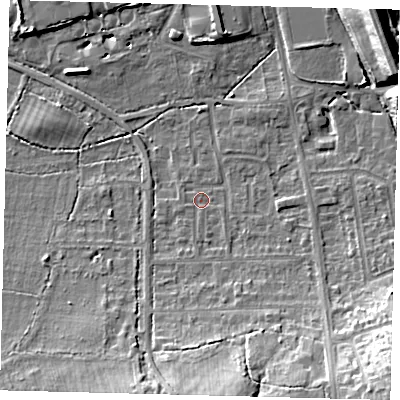 Shaded relief map of the ground around RH15HX, computed from Environment Agency LiDAR. The ground here sits at about 59 m above sea level and falls 19 m across the surrounding 800 m. Surface water reaching this point runs off ground lying to the south, 10.0 m higher.