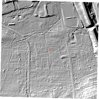 Shaded relief map of the ground around RH15HY, computed from Environment Agency LiDAR. The ground here sits at about 59 m above sea level and falls 19 m across the surrounding 800 m. Surface water reaching this point runs off ground lying to the south-east, 15.7 m higher.