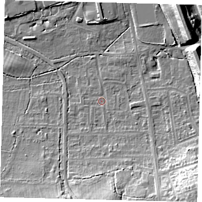 Shaded relief map of the ground around RH15HZ, computed from Environment Agency LiDAR. The ground here sits at about 59 m above sea level and falls 19 m across the surrounding 800 m. Surface water reaching this point runs off ground lying to the south-east, 15.6 m higher.