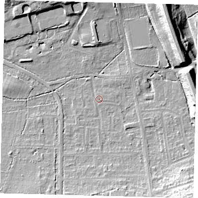 Shaded relief map of the ground around RH15JA, computed from Environment Agency LiDAR. The ground here sits at about 59 m above sea level and falls 19 m across the surrounding 800 m. Surface water reaching this point runs off ground lying to the north-east, 16.5 m higher.