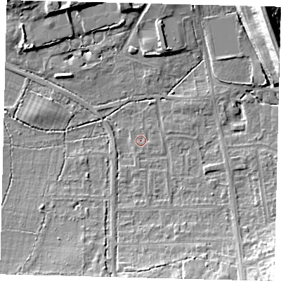 Shaded relief map of the ground around RH15JB, computed from Environment Agency LiDAR. The ground here sits at about 59 m above sea level and falls 19 m across the surrounding 800 m. Surface water reaching this point runs off ground lying to the south-east, 12.1 m higher.
