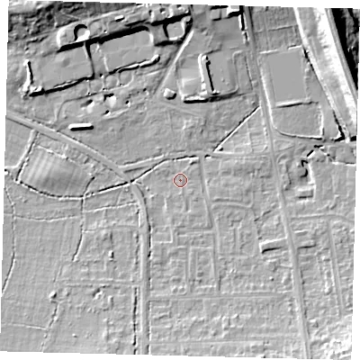Shaded relief map of the ground around RH15JD, computed from Environment Agency LiDAR. The ground here sits at about 59 m above sea level and falls 19 m across the surrounding 800 m. Surface water reaching this point runs off ground lying to the south-east, 8.3 m higher.