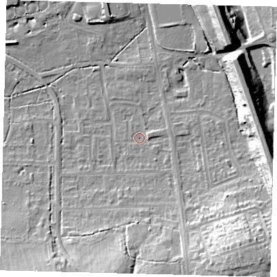 Shaded relief map of the ground around RH15JE, computed from Environment Agency LiDAR. The ground here sits at about 59 m above sea level and falls 19 m across the surrounding 800 m. Surface water reaching this point runs off ground lying to the south-east, 15.3 m higher.