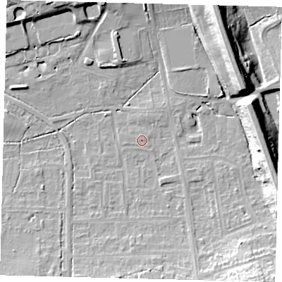 Shaded relief map of the ground around RH15JF, computed from Environment Agency LiDAR. The ground here sits at about 60 m above sea level and falls 19 m across the surrounding 800 m. Surface water reaching this point runs off ground lying to the north-east, 16.5 m higher.