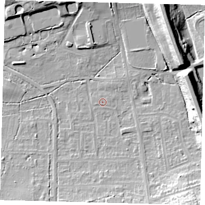 Shaded relief map of the ground around RH15JG, computed from Environment Agency LiDAR. The ground here sits at about 59 m above sea level and falls 19 m across the surrounding 800 m. Surface water reaching this point runs off ground lying to the north-east, 16.5 m higher.