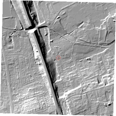 Shaded relief map of the ground around RH15LB, computed from Environment Agency LiDAR. The ground here sits at about 63 m above sea level and falls 17 m across the surrounding 800 m. Surface water reaching this point runs off ground lying to the south-east, 14.2 m higher.