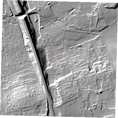 Shaded relief map of the ground around RH15LD, computed from Environment Agency LiDAR. The ground here sits at about 63 m above sea level and falls 17 m across the surrounding 800 m. Surface water reaching this point runs off ground lying to the south-east, 13.4 m higher.