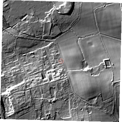 Shaded relief map of the ground around RH15LL, computed from Environment Agency LiDAR. The ground here sits at about 67 m above sea level and falls 16 m across the surrounding 800 m. Surface water reaching this point runs off ground lying to the south-east, 10.7 m higher.