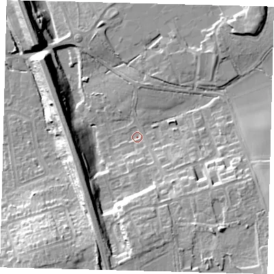 Shaded relief map of the ground around RH15LT, computed from Environment Agency LiDAR. The ground here sits at about 63 m above sea level and falls 17 m across the surrounding 800 m. Surface water reaching this point runs off ground lying to the south-east, 14.0 m higher.