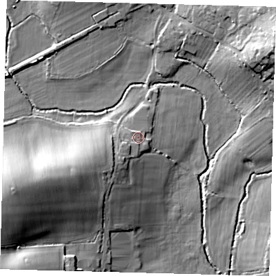 Shaded relief map of the ground around RH15NB, computed from Environment Agency LiDAR. The ground here sits at about 68 m above sea level and falls 23 m across the surrounding 800 m. Surface water reaching this point runs off ground lying to the south-west, 4.4 m higher.