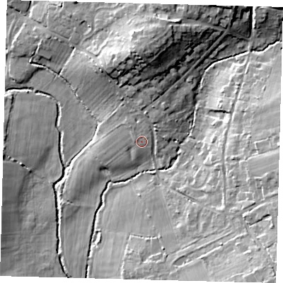 Shaded relief map of the ground around RH15NJ, computed from Environment Agency LiDAR. The ground here sits at about 67 m above sea level and falls 18 m across the surrounding 800 m. Surface water reaching this point runs off ground lying to the north-north-east, 5.1 m higher.