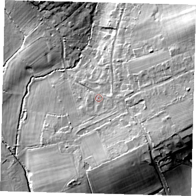 Shaded relief map of the ground around RH15NP, computed from Environment Agency LiDAR. The ground here sits at about 70 m above sea level and falls 22 m across the surrounding 800 m. Surface water reaching this point runs off ground lying to the east, 13.3 m higher.