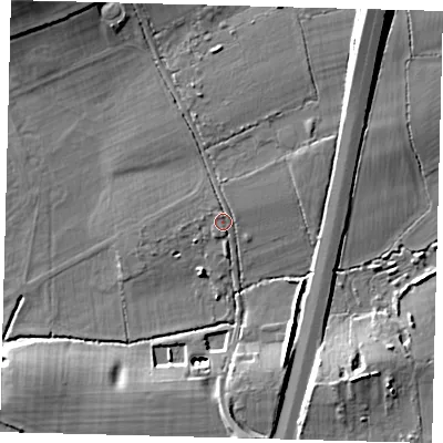 Shaded relief map of the ground around RH15PG, computed from Environment Agency LiDAR. The ground here sits at about 62 m above sea level and falls 12 m across the surrounding 800 m. Surface water reaching this point runs off ground lying to the north-east, 1.0 m higher.
