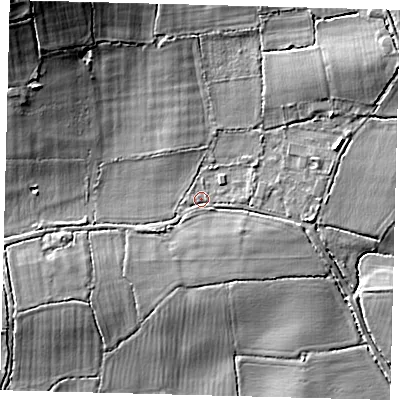 Shaded relief map of the ground around RH15RF, computed from Environment Agency LiDAR. The ground here sits at about 58 m above sea level and falls 17 m across the surrounding 800 m. Surface water reaching this point runs off ground lying to the east, 1.4 m higher.