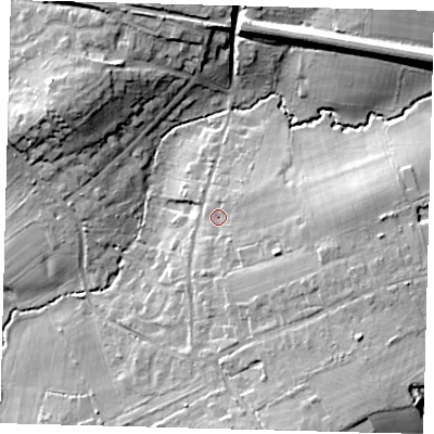 Shaded relief map of the ground around RH15RP, computed from Environment Agency LiDAR. The ground here sits at about 71 m above sea level and falls 21 m across the surrounding 800 m. Surface water reaching this point runs off ground lying to the east-south-east, 10.5 m higher.