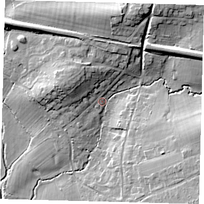 Shaded relief map of the ground around RH15RY, computed from Environment Agency LiDAR. The ground here sits at about 68 m above sea level and falls 23 m across the surrounding 800 m. Surface water reaching this point runs off ground lying to the north-north-east, 19.8 m higher.