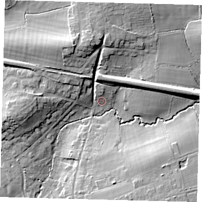 Shaded relief map of the ground around RH15SE, computed from Environment Agency LiDAR. The ground here sits at about 69 m above sea level and falls 21 m across the surrounding 800 m. Surface water reaching this point runs off ground lying to the north, 5.3 m higher.