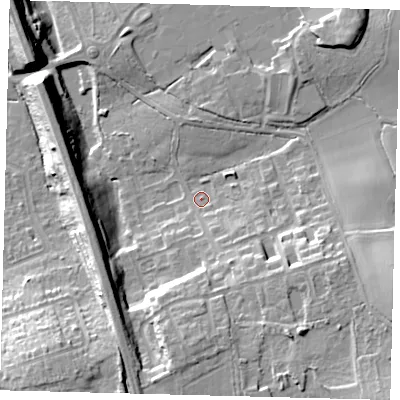 Shaded relief map of the ground around RH15SG, computed from Environment Agency LiDAR. The ground here sits at about 64 m above sea level and falls 18 m across the surrounding 800 m. Surface water reaching this point runs off ground lying to the east-south-east, 11.9 m higher.