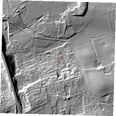 Shaded relief map of the ground around RH15SN, computed from Environment Agency LiDAR. The ground here sits at about 65 m above sea level and falls 17 m across the surrounding 800 m. Surface water reaching this point runs off ground lying to the south, 7.6 m higher.