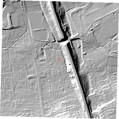 Shaded relief map of the ground around RH15SS, computed from Environment Agency LiDAR. The ground here sits at about 61 m above sea level and falls 18 m across the surrounding 800 m. Surface water reaching this point runs off ground lying to the south-south-east, 1.0 m higher.