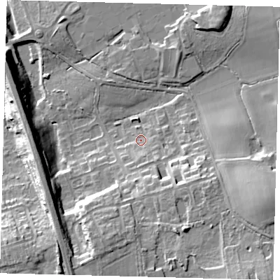 Shaded relief map of the ground around RH15SW, computed from Environment Agency LiDAR. The ground here sits at about 64 m above sea level and falls 19 m across the surrounding 800 m. Surface water reaching this point runs off ground lying to the south-south-east, 4.3 m higher.