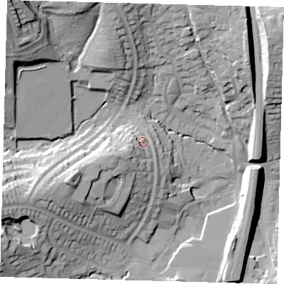 Shaded relief map of the ground around RH161NH, computed from Environment Agency LiDAR. The ground here sits at about 55 m above sea level and falls 36 m across the surrounding 800 m. Surface water reaching this point runs off ground lying to the west-south-west, 11.1 m higher.