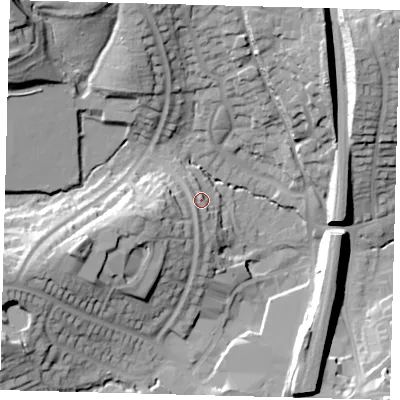 Shaded relief map of the ground around RH161NJ, computed from Environment Agency LiDAR. The ground here sits at about 52 m above sea level and falls 34 m across the surrounding 800 m. Surface water reaching this point runs off ground lying to the west-south-west, 10.0 m higher.