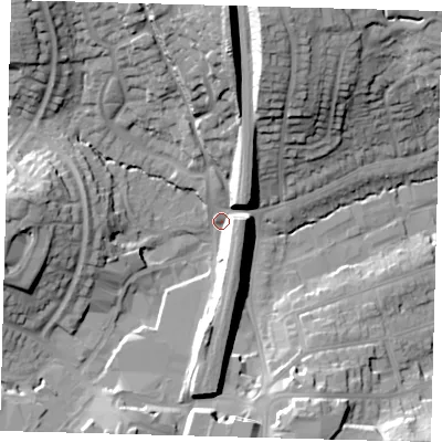 Shaded relief map of the ground around RH161NR, computed from Environment Agency LiDAR. The ground here sits at about 45 m above sea level and falls 29 m across the surrounding 800 m. Surface water reaching this point runs off ground lying to the north, 24.9 m higher.