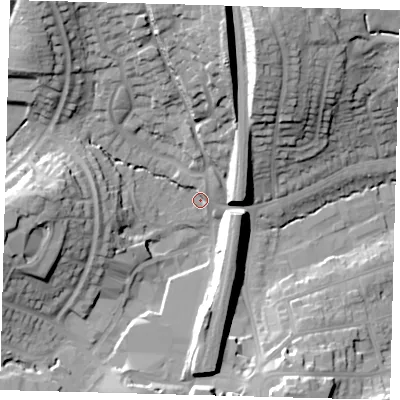 Shaded relief map of the ground around RH161NS, computed from Environment Agency LiDAR. The ground here sits at about 44 m above sea level and falls 29 m across the surrounding 800 m. Surface water reaching this point runs off ground lying to the north, 24.4 m higher.
