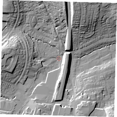 Shaded relief map of the ground around RH161NT, computed from Environment Agency LiDAR. The ground here sits at about 43 m above sea level and falls 29 m across the surrounding 800 m. Surface water reaching this point runs off ground lying to the west, 20.9 m higher.